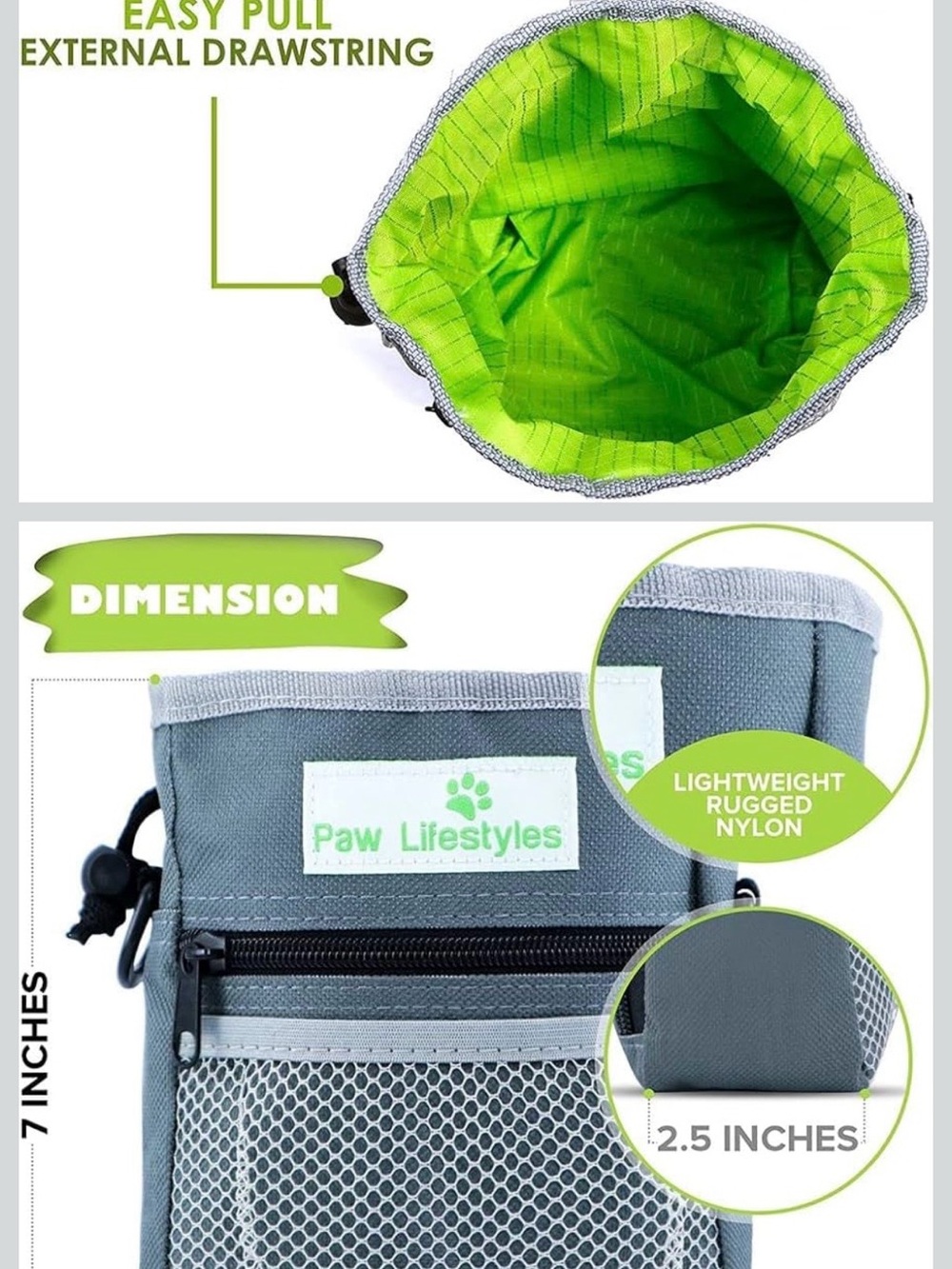Paw Lifestyles Dog Treat Pouch in Gray and Lime Green